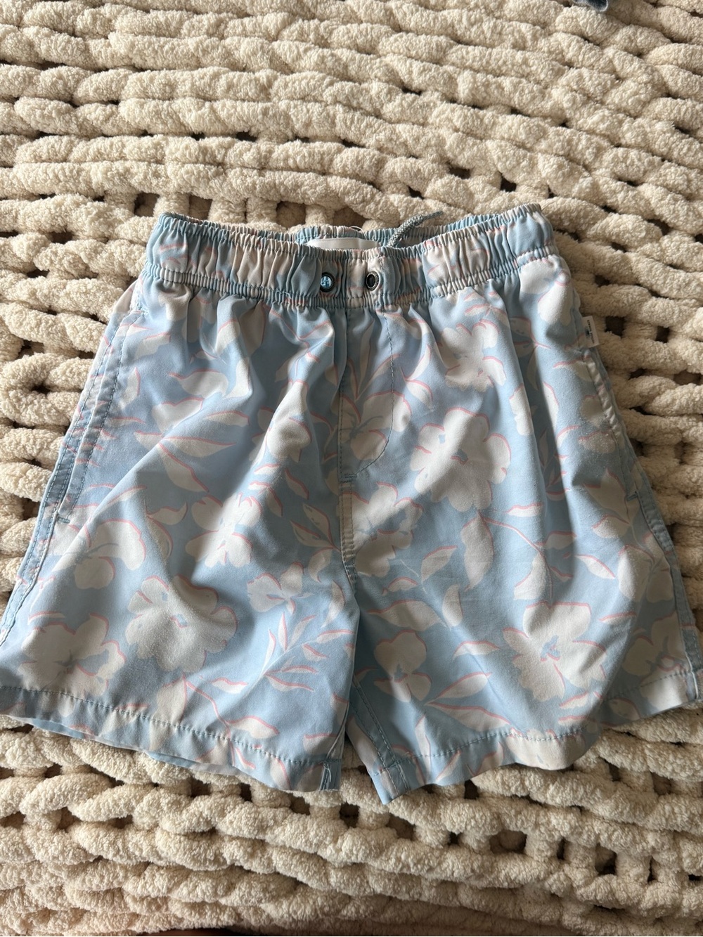 Boys Light Blue Floral Swim Shorts with Elastic Waist